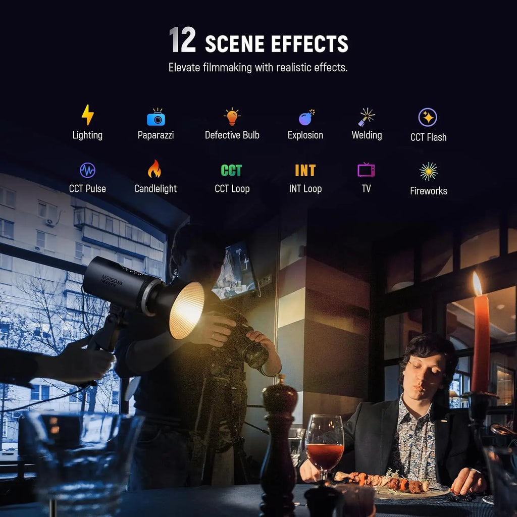 MS150B LED video light with reflector, showing 12 lighting effect modes for professional film and photography.