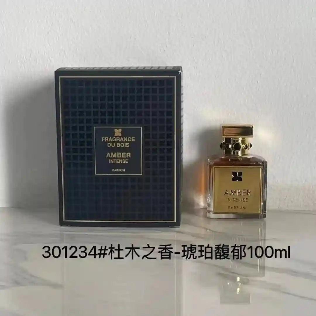 Fragrance Du Bois Amber Intense Parfum: luxury woody aromatic unisex scent in a square glass bottle with gift box.