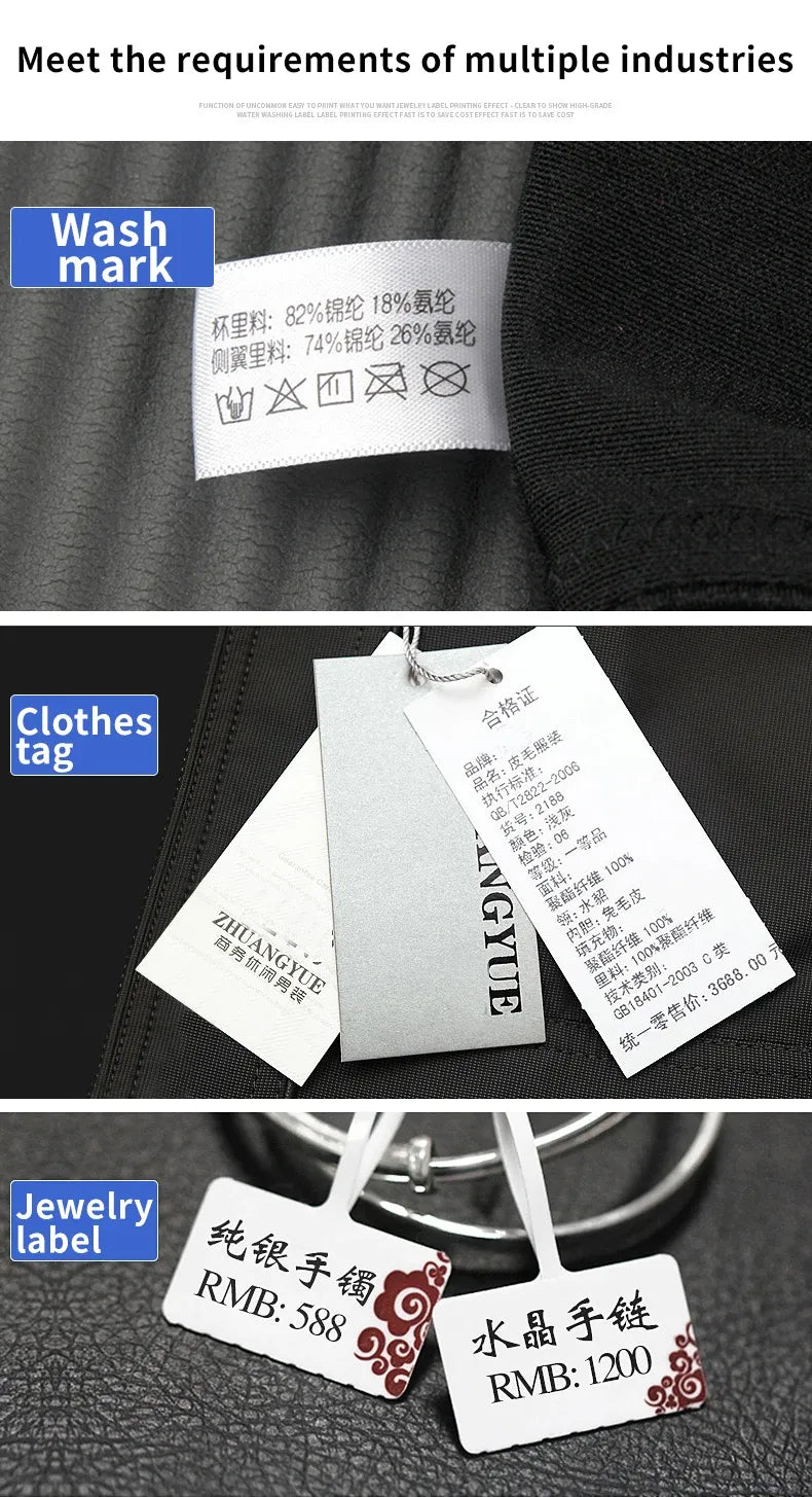 Printed barcode and jewelry tags with wash mark and label cards on dark fabric background.