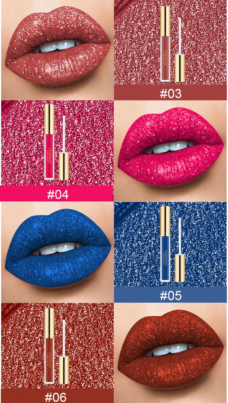Waterproof diamond shimmer glitter liquid lipstick set in multiple vibrant pearl colors for a long-lasting matte finish.
