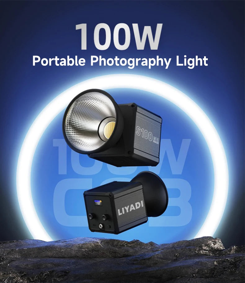 100W portable LED photography light with a black, rectangular metal housing and a round, textured silver reflector.
