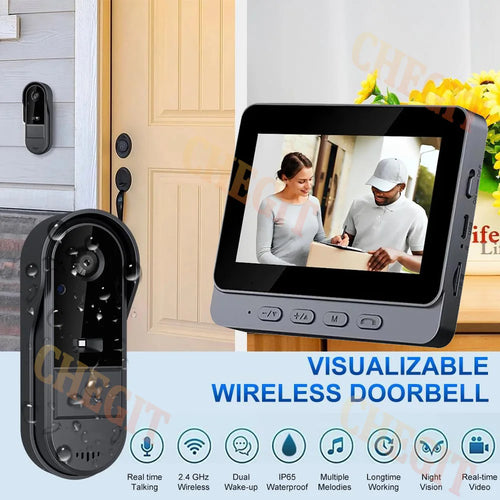Wireless WiFi doorbell camera setup: outdoor black unit and 4.3-inch indoor display