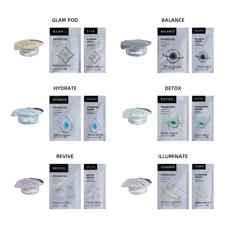 Six skincare sets, each with a small plastic pod and two foil sachets of primer gel and serum for facial treatment.