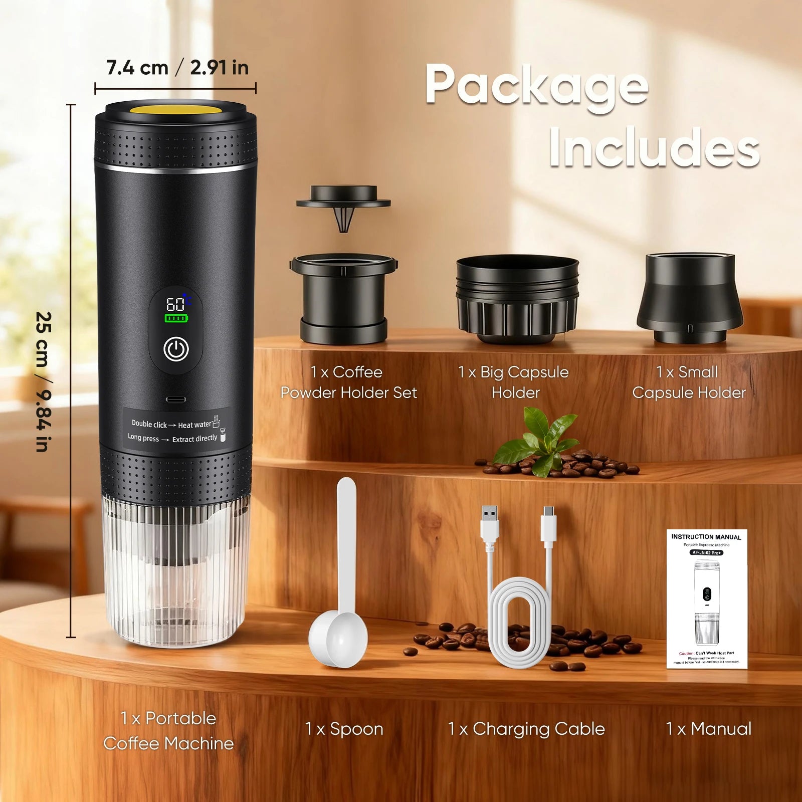 Black portable espresso maker, 25cm tall, includes coffee powder and capsule holders, charging cable, and manual.
