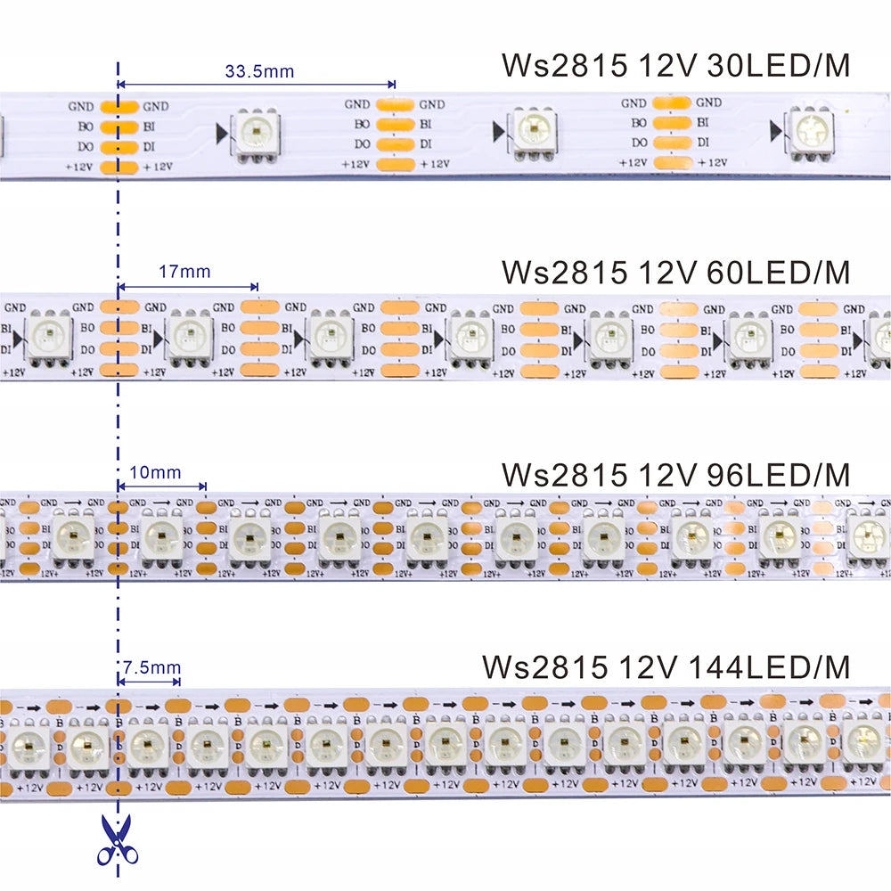 5m/roll WS2815 DC12V (WS2813/WS2812B) RGB LED Pixels Strip Light Individually Addressable LED Dual-Signal 30/60/144 Pixels/Led/m