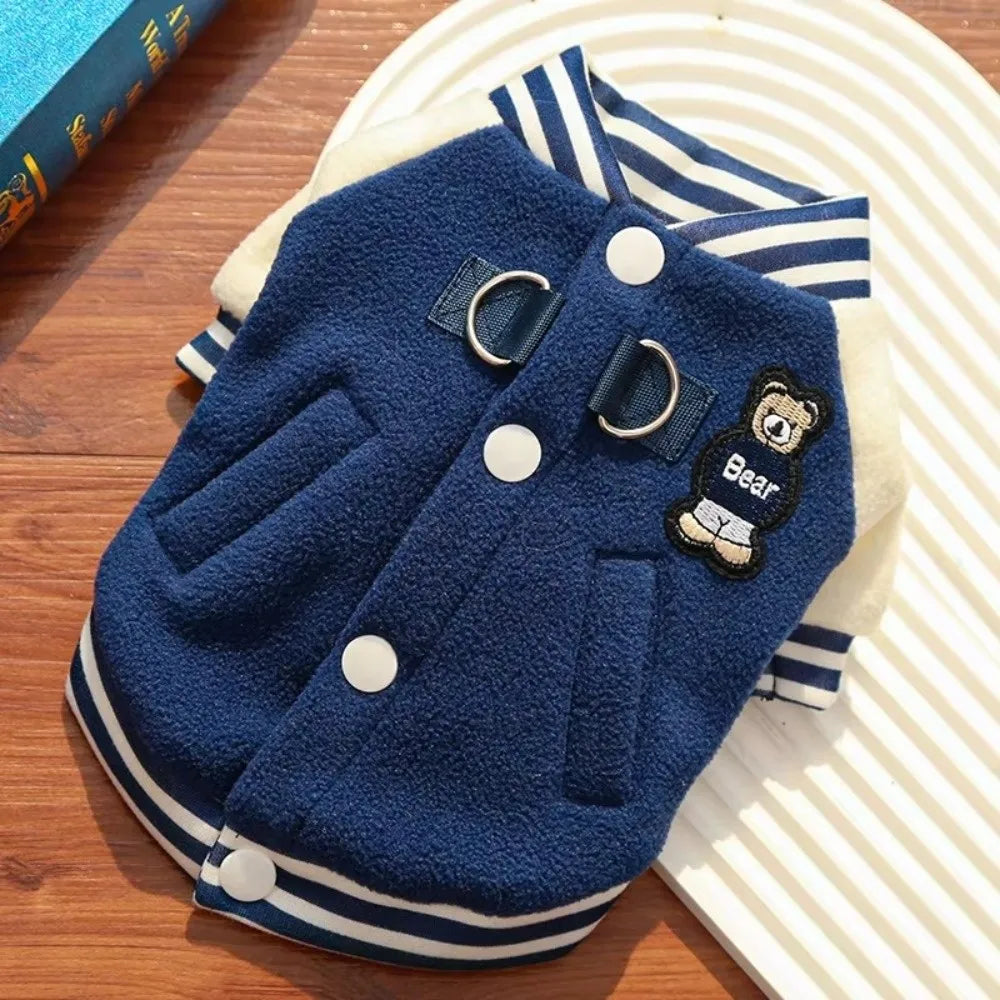 Warm blue fleece dog baseball jacket with D-ring for winter outdoor walks. Stylish, comfortable pet winter coat for dogs.