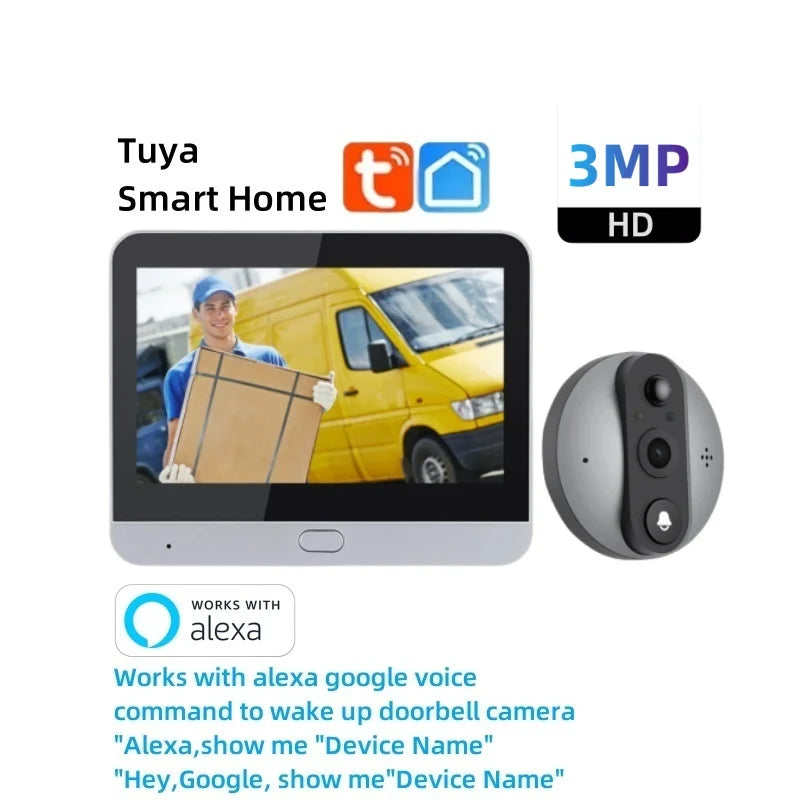 Smart video doorbell camera kit with wall screen and gray outdoor unit, 3MP HD