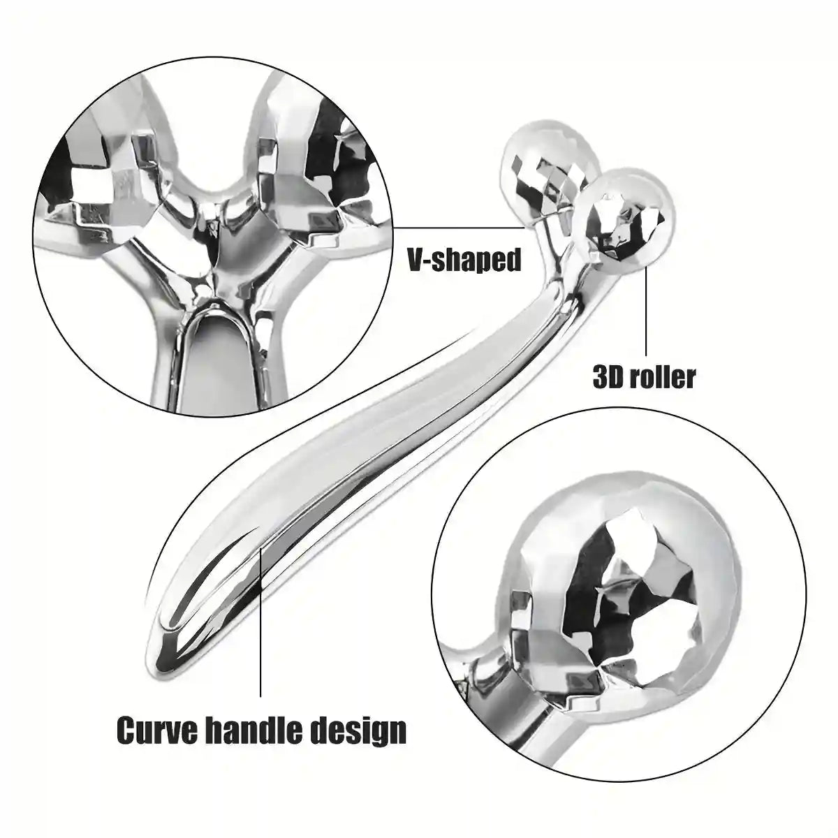 Silver V-shaped 3D facial roller massager with faceted rolling spheres and a curved handle, showing design details.
