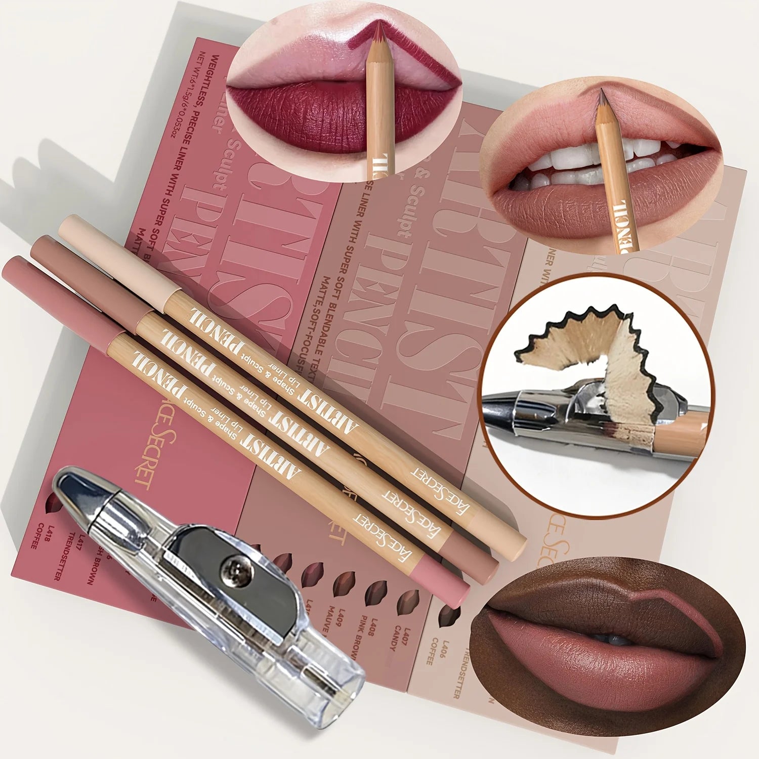 7-piece matte lip liner set with pencil sharpener for precise, long-lasting color and soft, blendable makeup application.