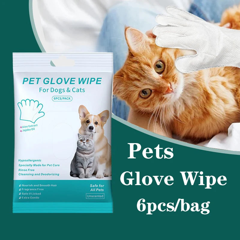 6-pack rinse-free pet glove wipes for dogs and cats. Hypoallergenic, deodorizing cleaning gloves for easy pet grooming.