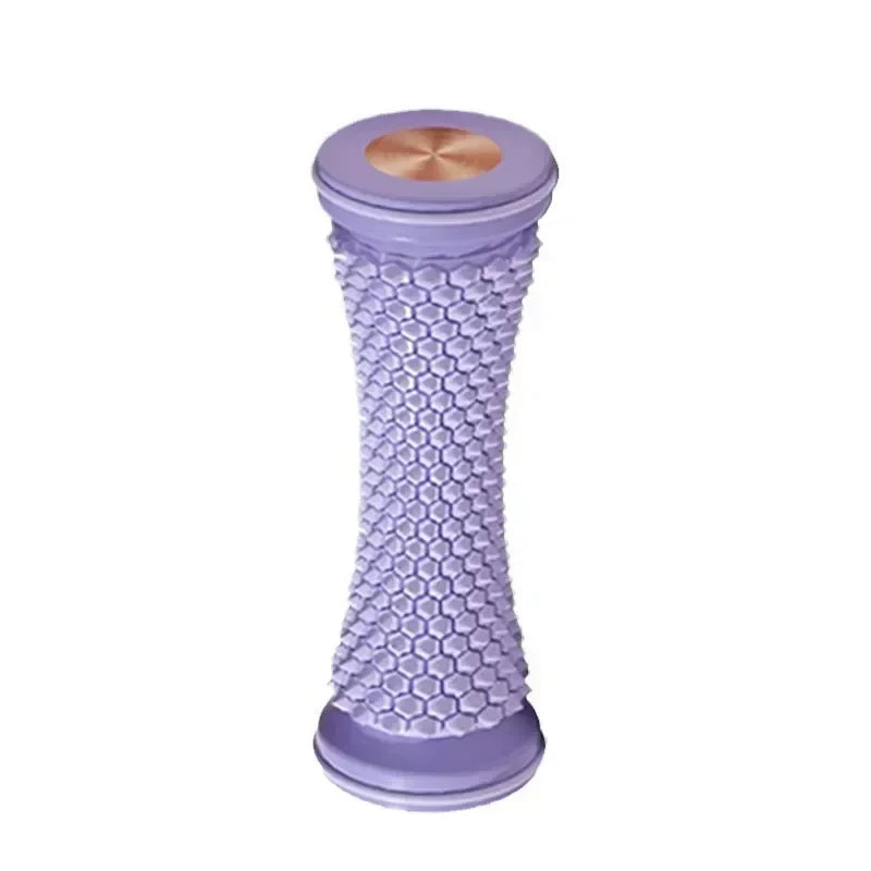 Lavender manual foot massage roller with textured hexagonal surface for plantar fasciitis and muscle pain relief.