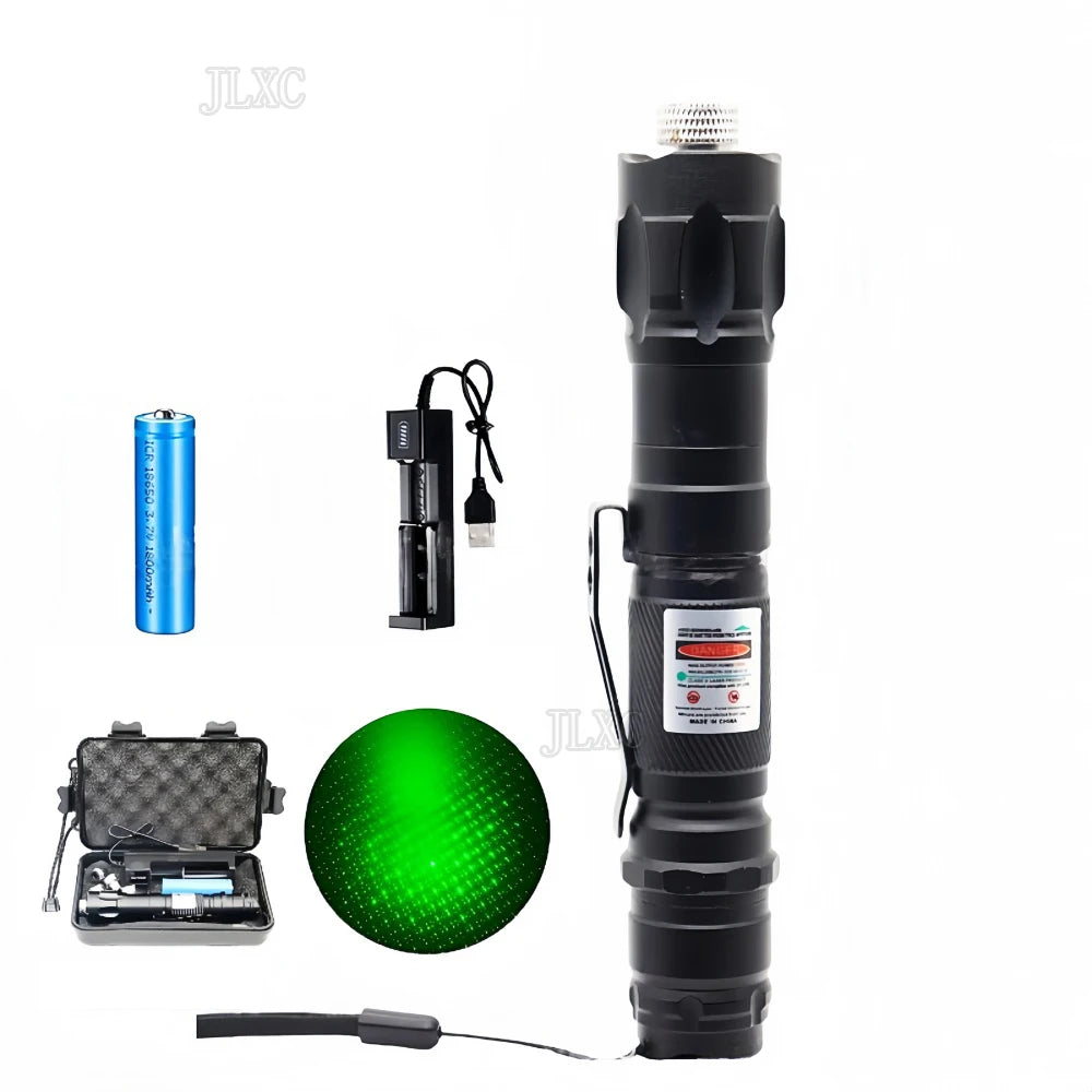 Green laser pointer cat toy set with rechargeable battery, charger, and 5 pattern caps for interactive pet play.