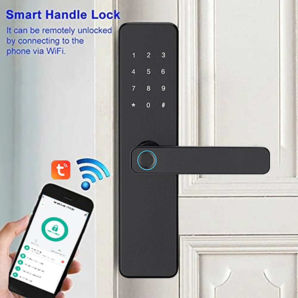 5-in-1 Smart Door Lock with Fingerprint Biometric, Wi-Fi, Tuya APP Control, Touchscreen Keypad – Fits 35-60mm Thick Doors