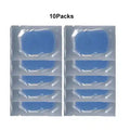 Ten individual rectangular blue EMS muscle stimulator replacement gel pads in transparent plastic packaging.
