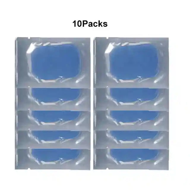 Ten individual rectangular blue EMS muscle stimulator replacement gel pads in transparent plastic packaging.