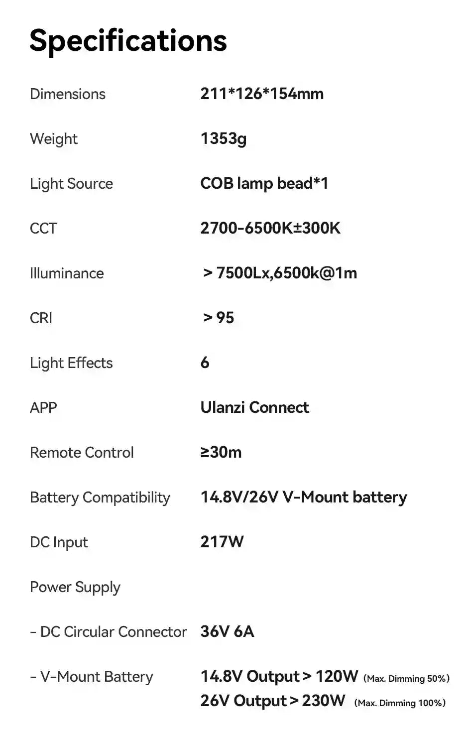 Table showing technical specifications for a 211x126x154mm video light, including power, brightness, and battery