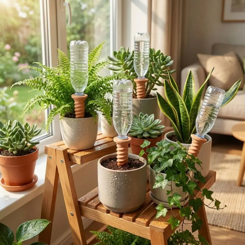 Self-watering terracotta stakes with clear tubes in a sunny indoor plant display