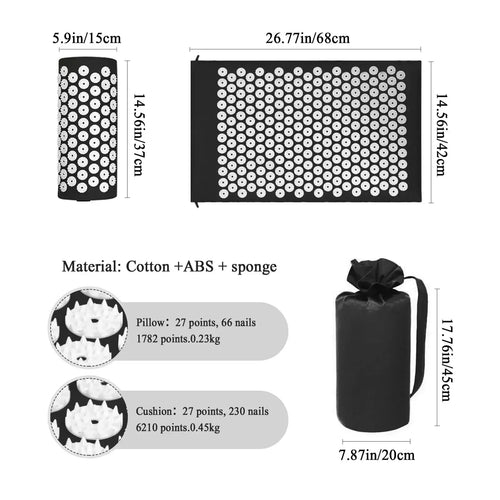 Acupressure mat and pillow set for back pain relief, side view of smart yoga mat dimensions and components.