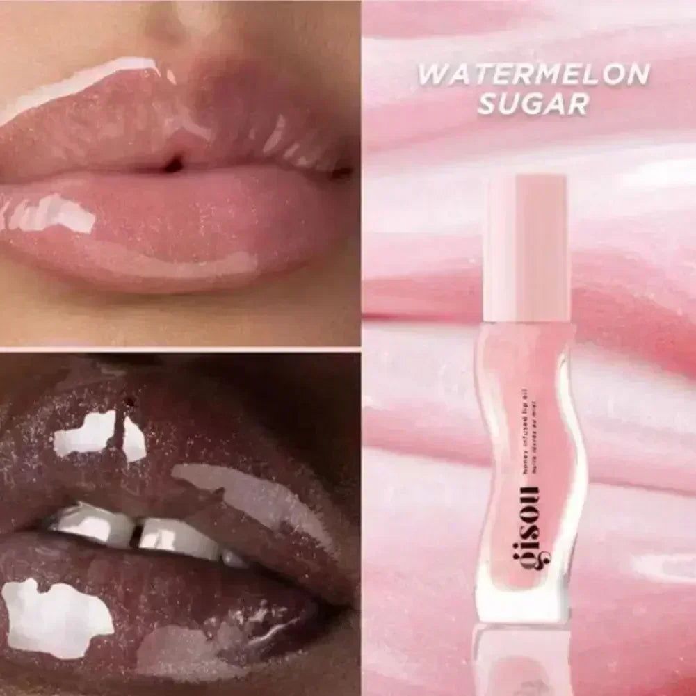 Gisou Watermelon Sugar Honey Infused Lip Oil with glossy, moisturizing texture for smooth, hydrated lips.