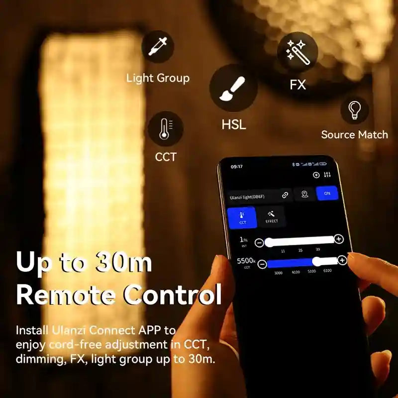 Smartphone app interface controlling wireless studio lighting settings like CCT, HSL, and effects from up to 30 meters.