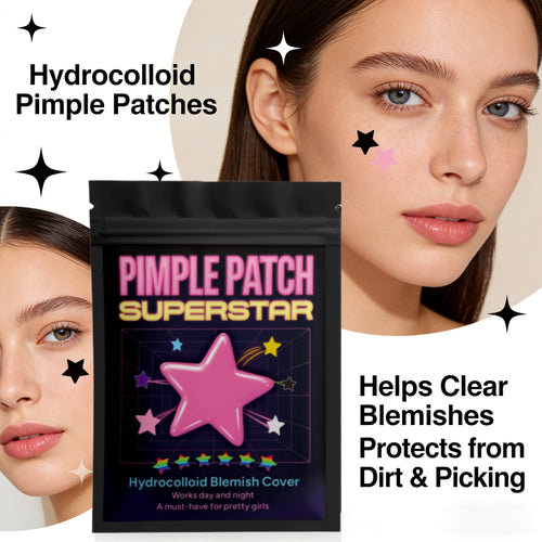 Hydrocolloid pimple patch pouch with star-shaped patches, shown on face