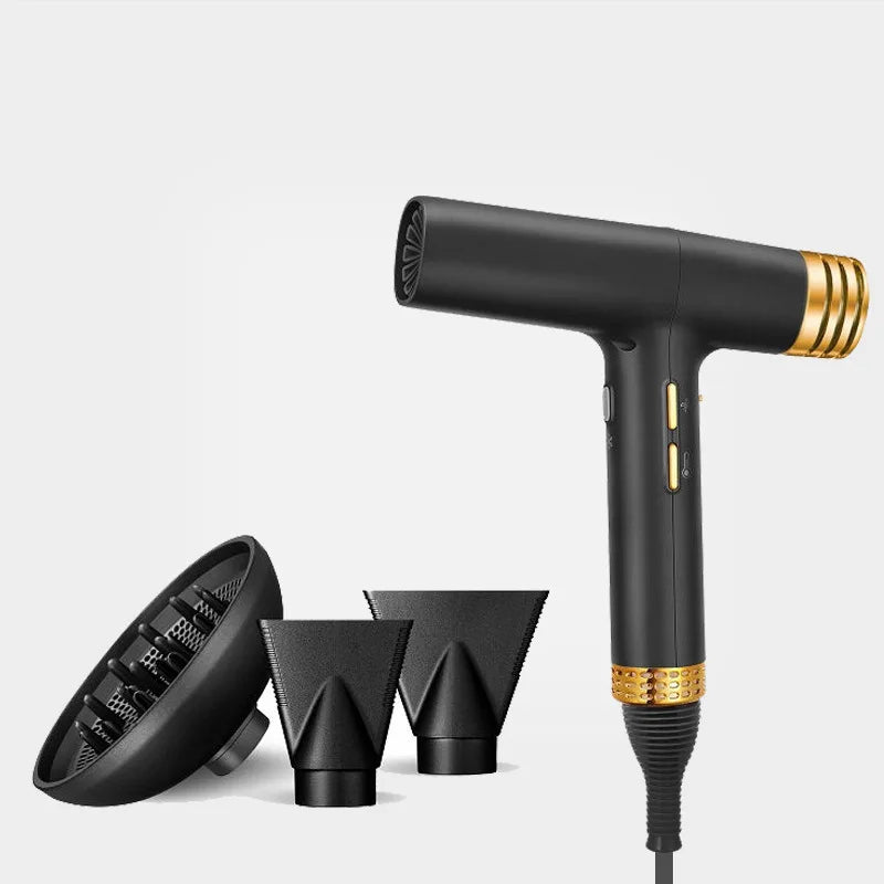 Black & gold ionic hair dryer with diffuser, two concentrator nozzles, and quiet, constant temperature quick drying.