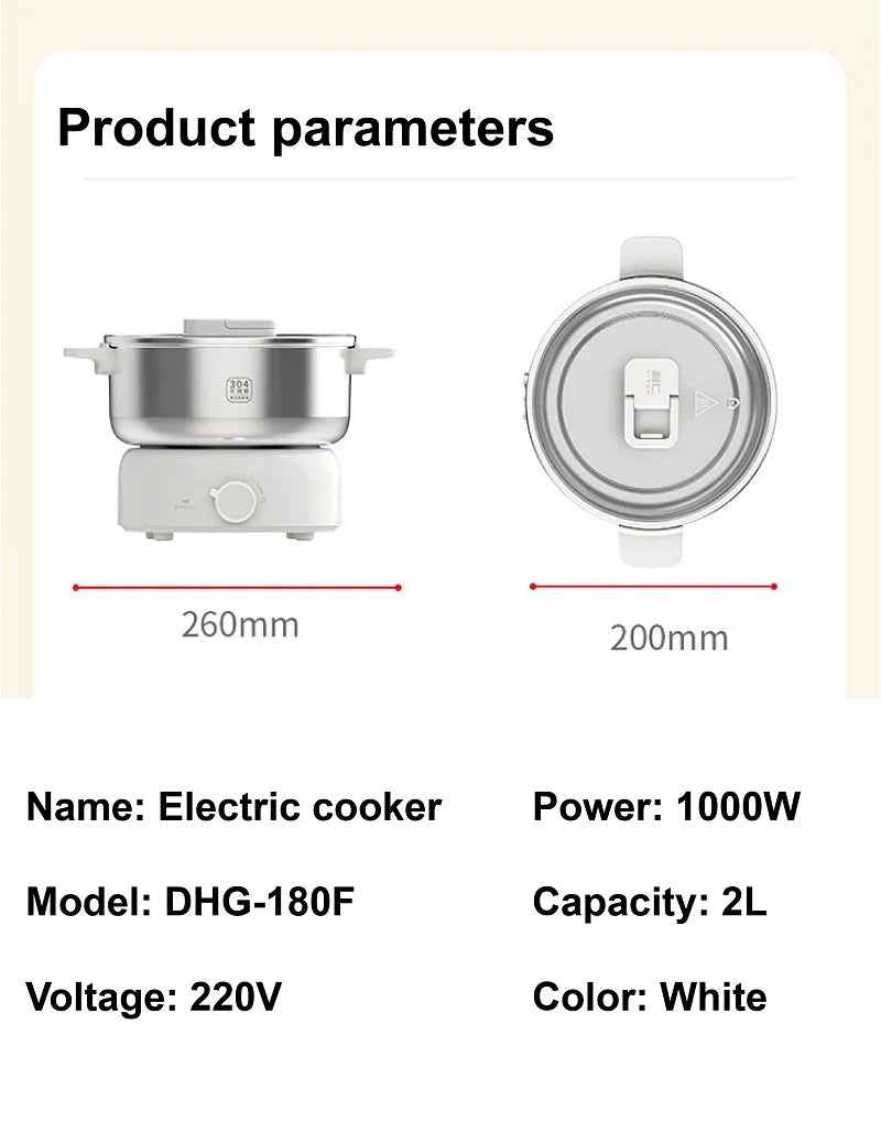 White electric cooking pot shown with top and side views, 2L capacity and 1000W power.