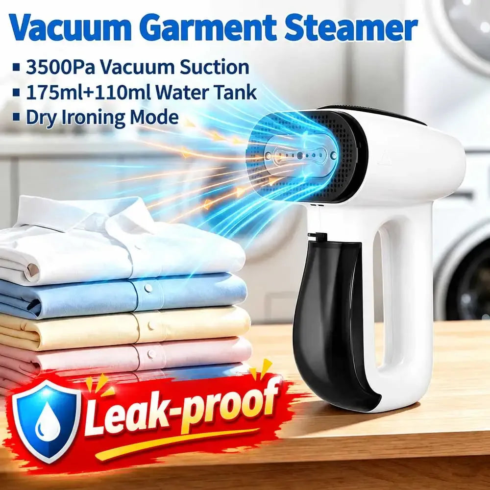 Vacuum garment steamer with 3500Pa suction and dual water tanks next to folded shirts.