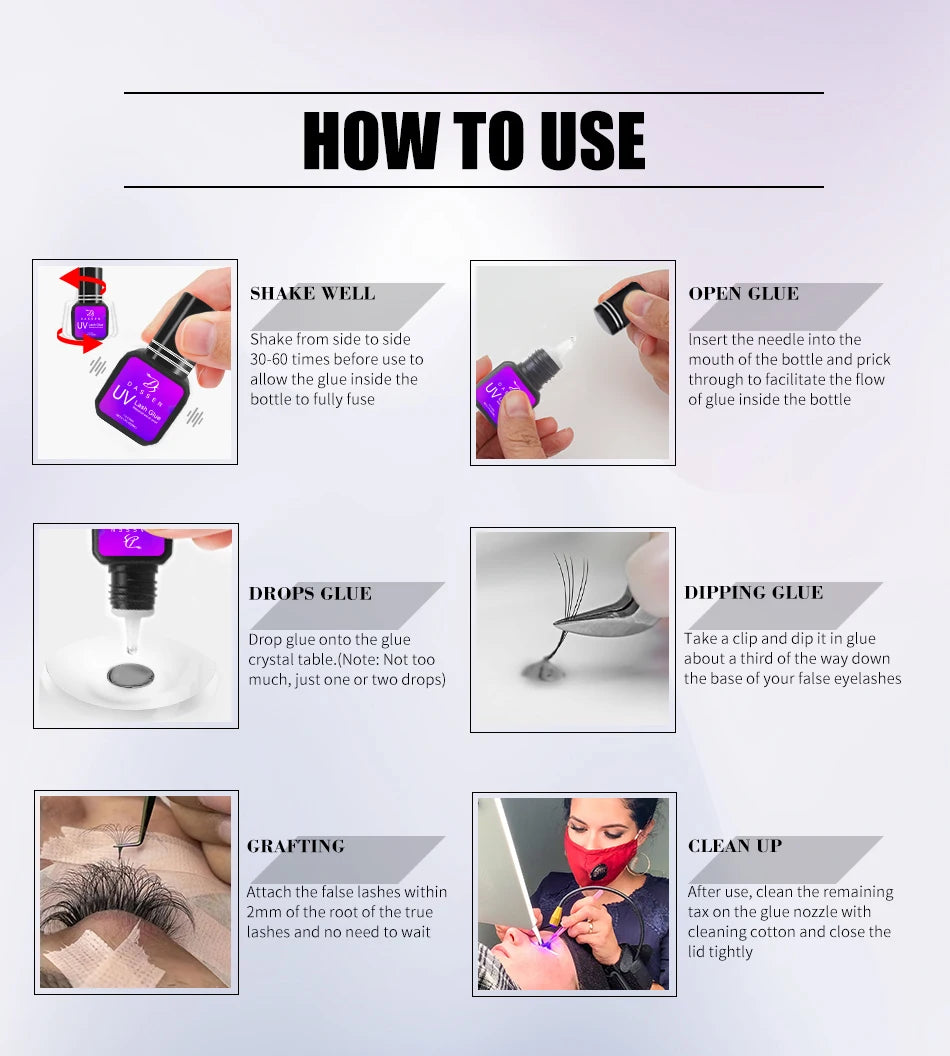 Dassen 5ml UV eyelash extension glue instructional infographic showing purple bottle, fast-drying adhesive application.
