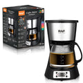 RAF 1.5L programmable drip coffee maker with black and stainless steel finish, glass carafe, and digital display.