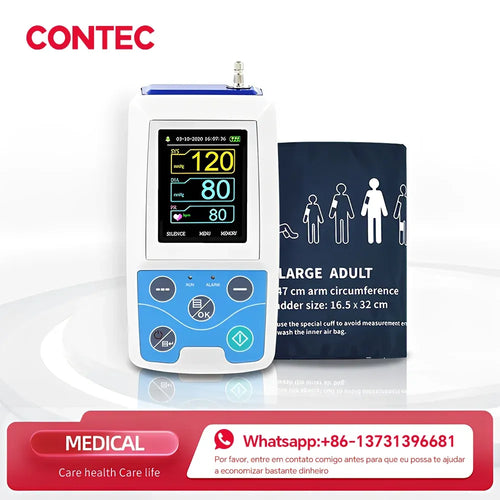 White digital arm blood pressure monitor with blue accents and clear display screen for health and wellness tracking.