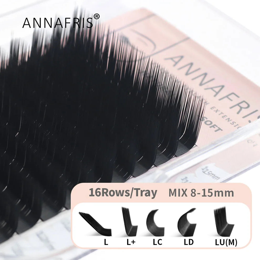 Black individual lash extension tray, 16 rows, 8-15mm mix. Features various lash curls: L, L+, LC, LD, and LU.