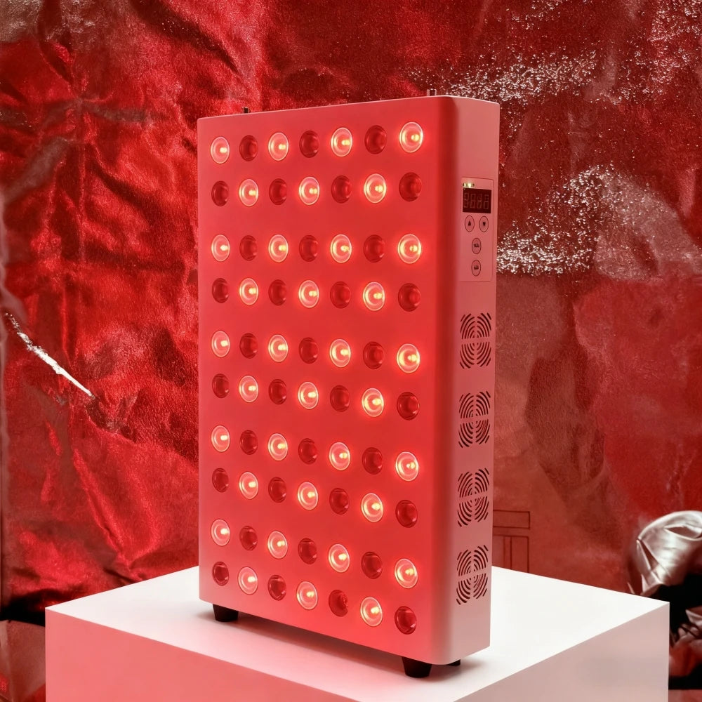 Red light therapy panel with 660nm 850nm LEDs for skin care and pain relief, featuring a digital display and cooling.