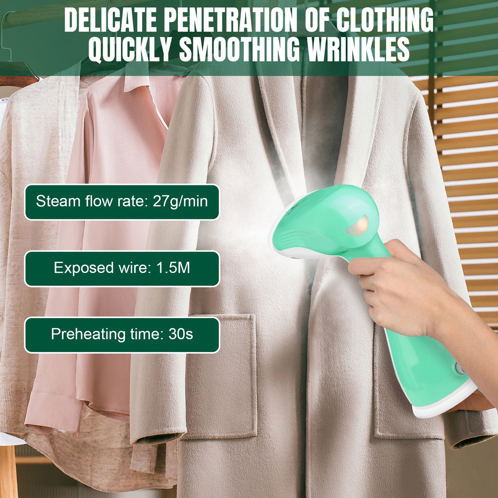 Tidesmit BRIEFNESS handheld garment steamer showing powerful steam nozzle for quick wrinkle removal on hanging fabric