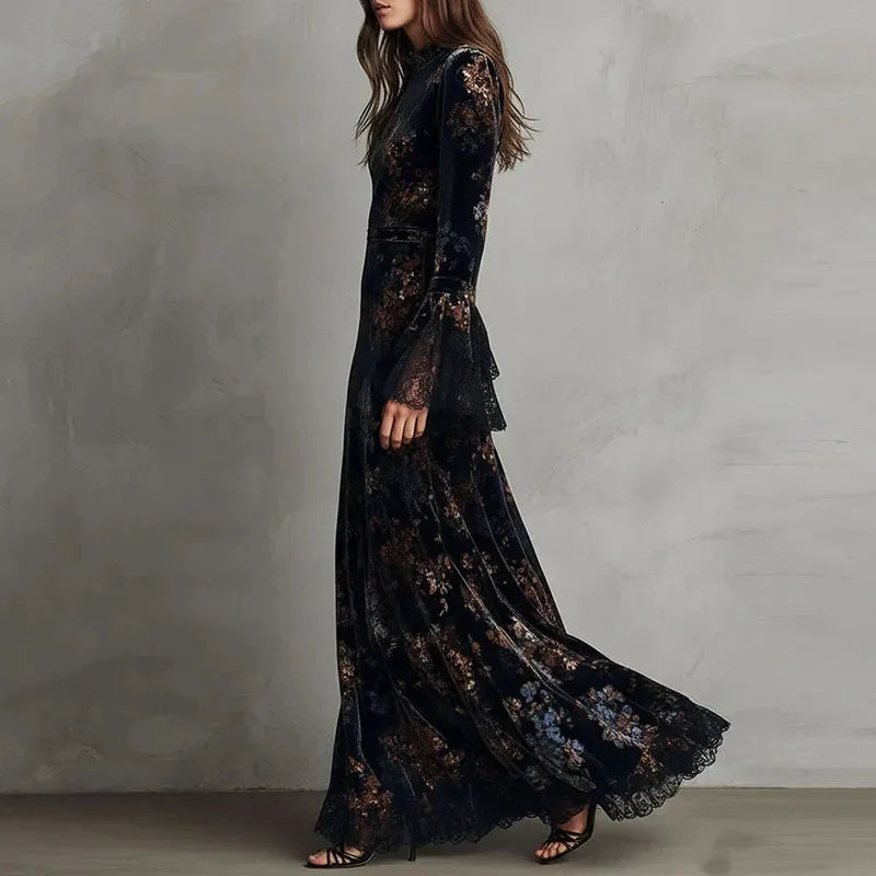 Retro New Floral Print Velvet Long Dresses Woman Sexy O Neck High Waist Evening Dress Autumn Long Sleeve Spliced Lace Maxi Dress