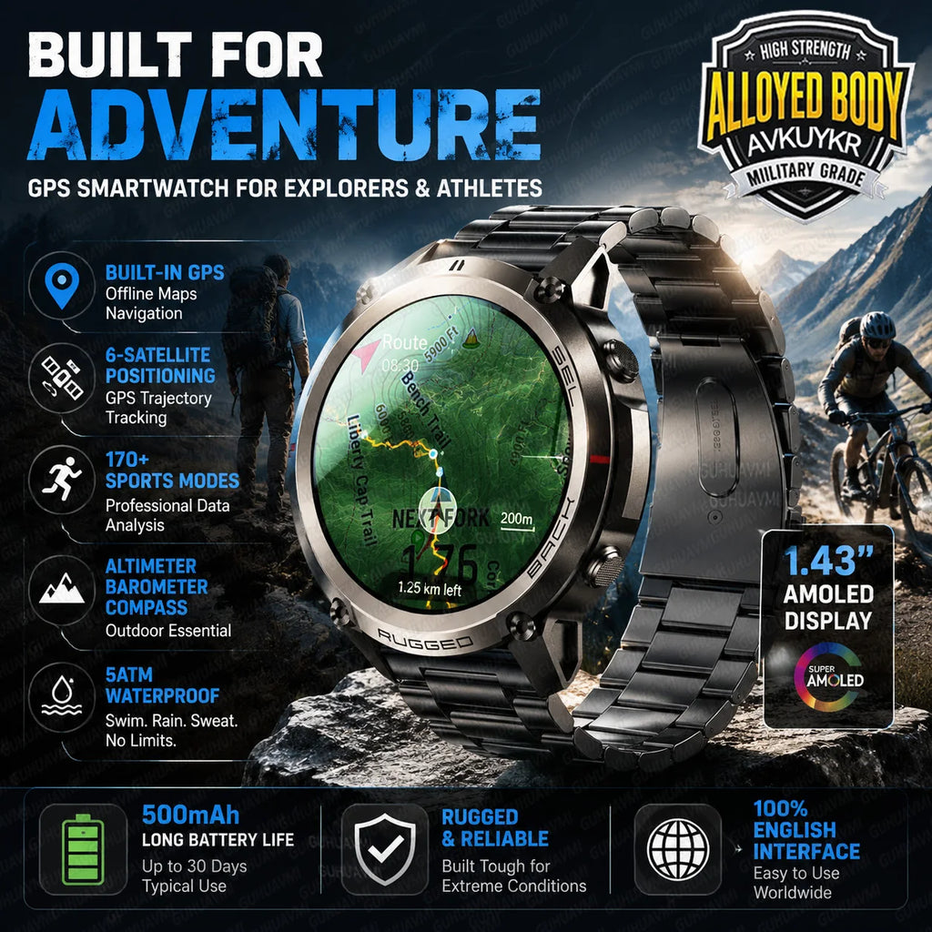 New Outdoor Sport GPS Position Smart Watch Men 1.43'AMOLED 170+Sport Mode 5ATM Waterproof Heart Rate Fitness Tracker Bracelets