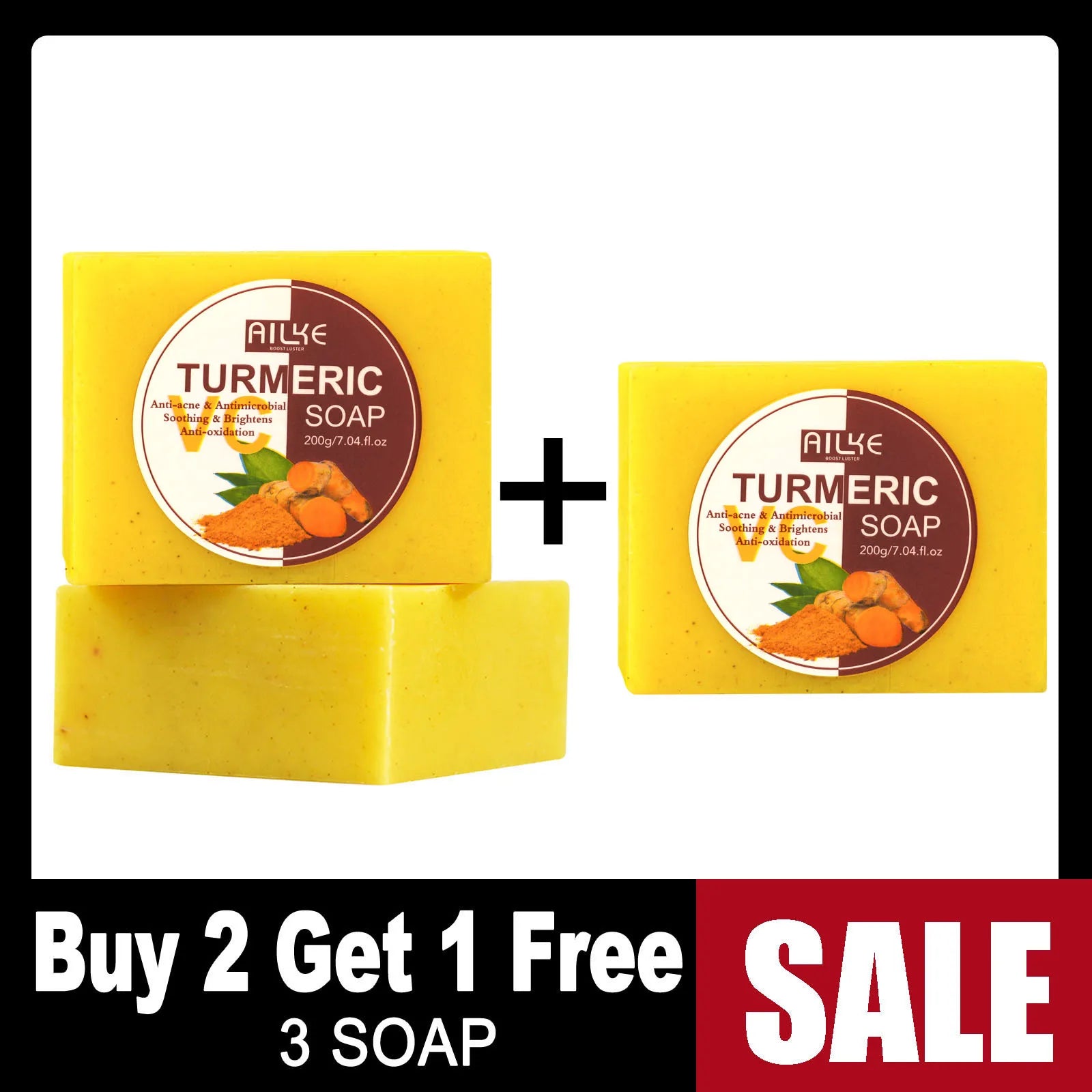 Turmeric soap bars set with two yellow rectangular soaps and circular label