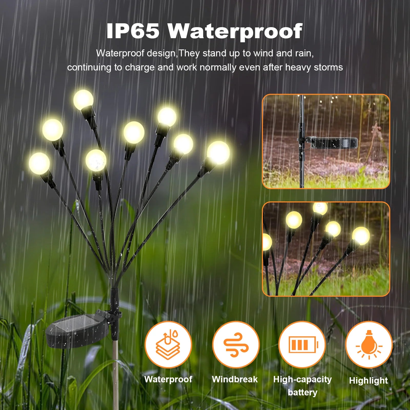 2Pack 8-Head Solar Firefly Lights Outdoor Pathway Decorative Garden IP651 Waterproof High Flexibility Iron Wire Heavy-Duty Bulb Base