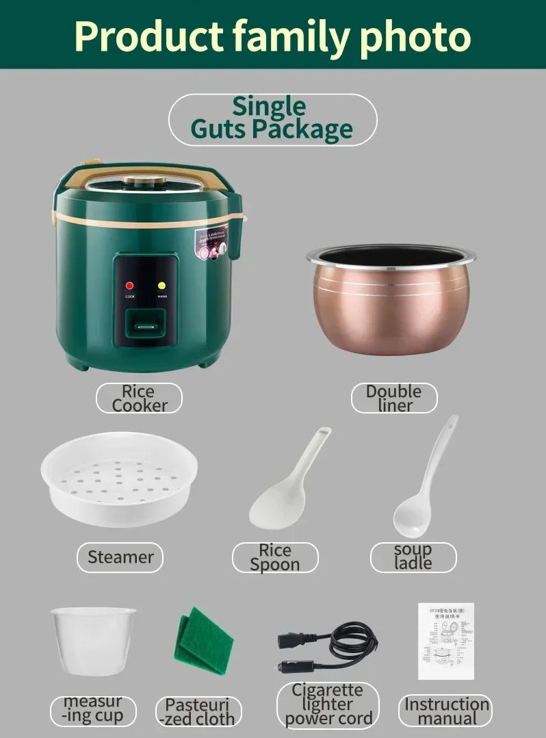 Portable rice cooker kit with cooker base, inner liner, steamer, and utensils