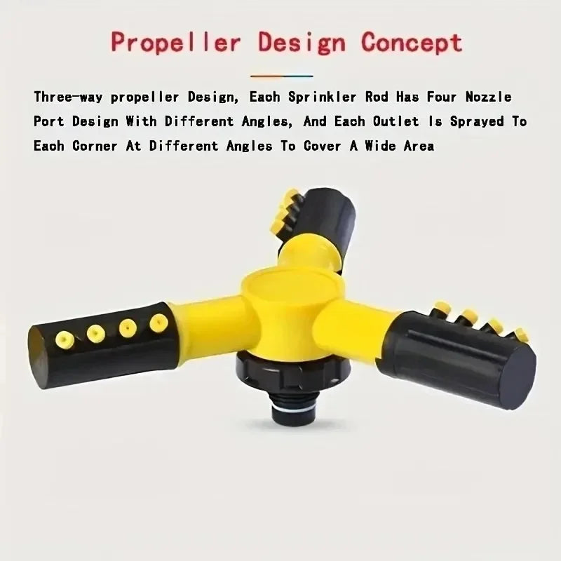 Propeller-style sprinkler with three-way outlet and black nozzle pods on yellow body