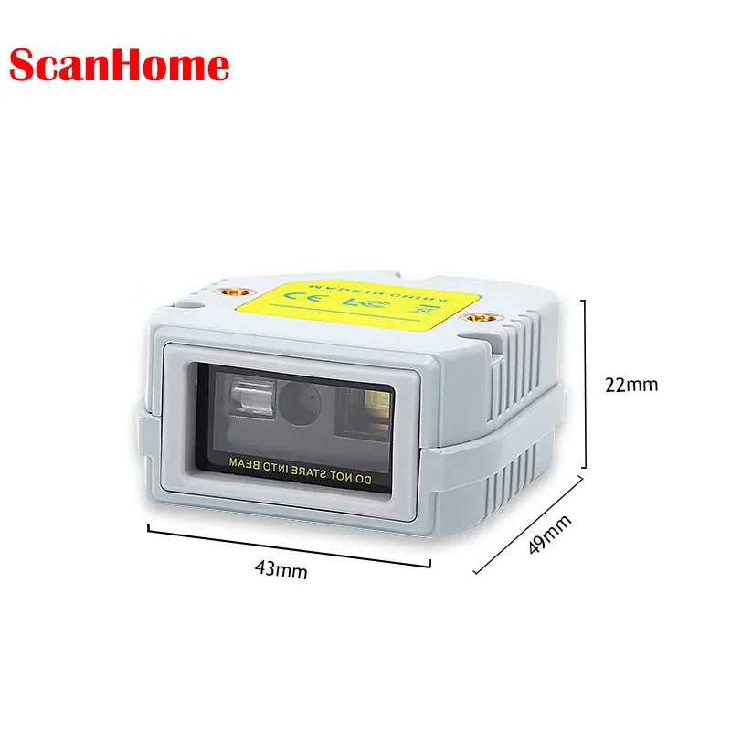 Compact fixed-mount barcode scanner with front scan window and side mounting holes