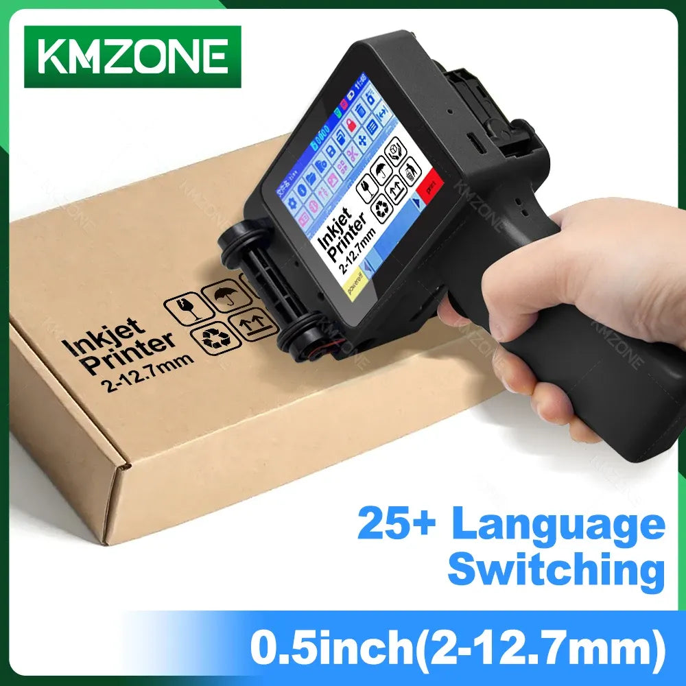 Handheld inkjet label printer in black, held over a cardboard shipping box for barcodes