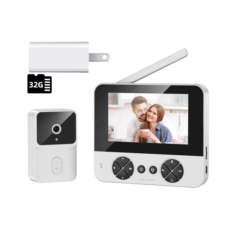 Wireless video doorbell set with white outdoor camera and indoor monitor, 32GB
