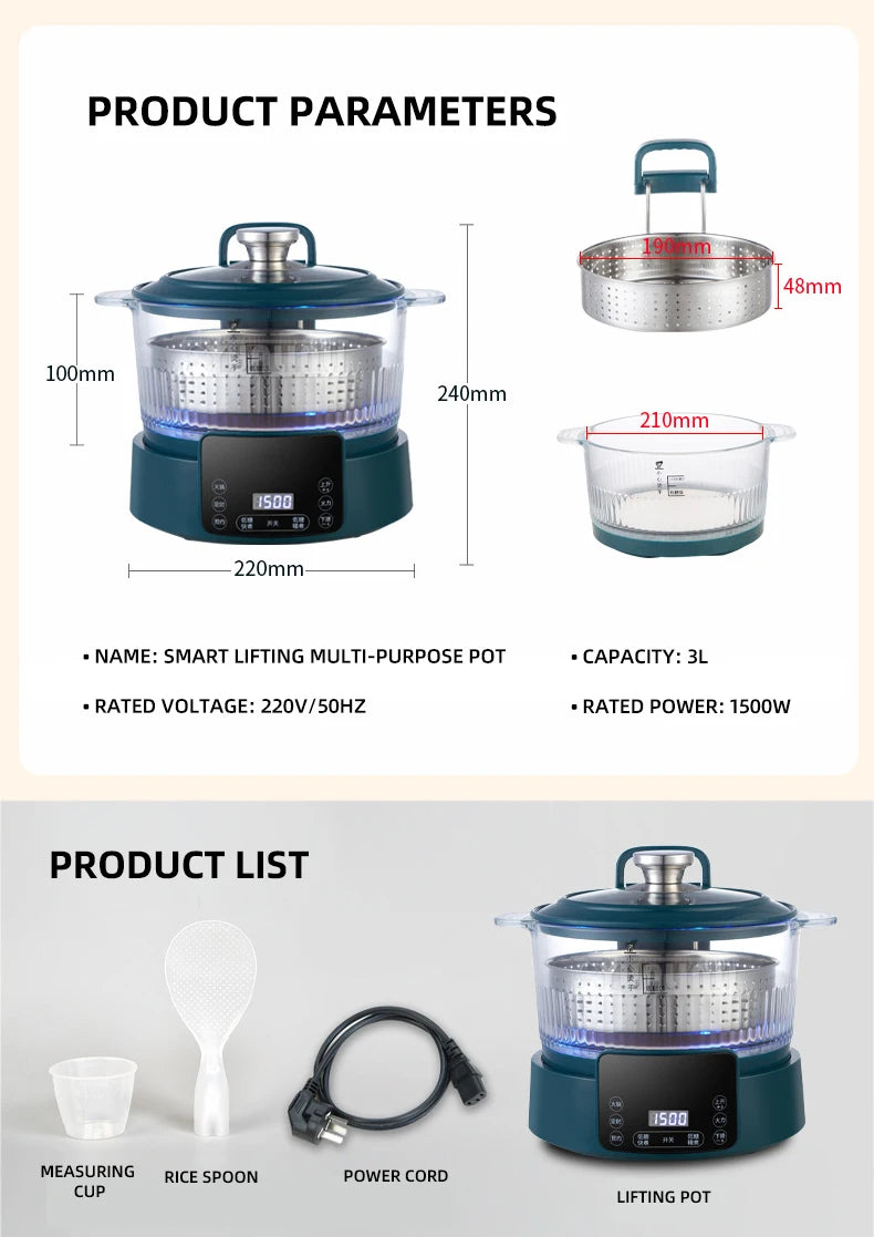 3L electric hot pot steamer with lifting pot, stainless basket, and included measuring cup