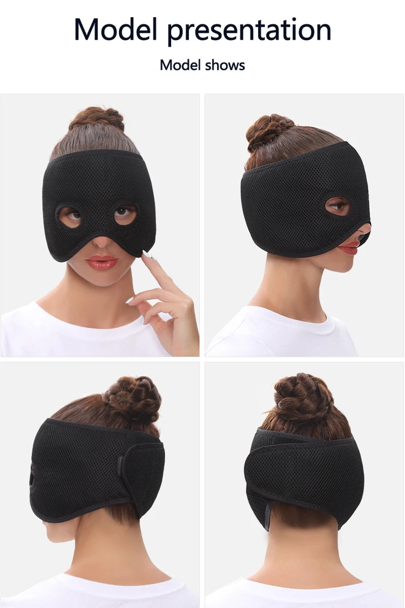 A model wears a black, textured, air-layer fabric half-face heating mask with eye cutouts and an adjustable back strap.