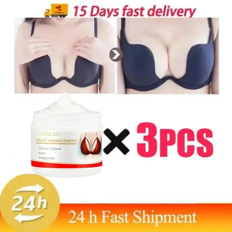 White breast enhancement cream jar with red label and flip-top lid.