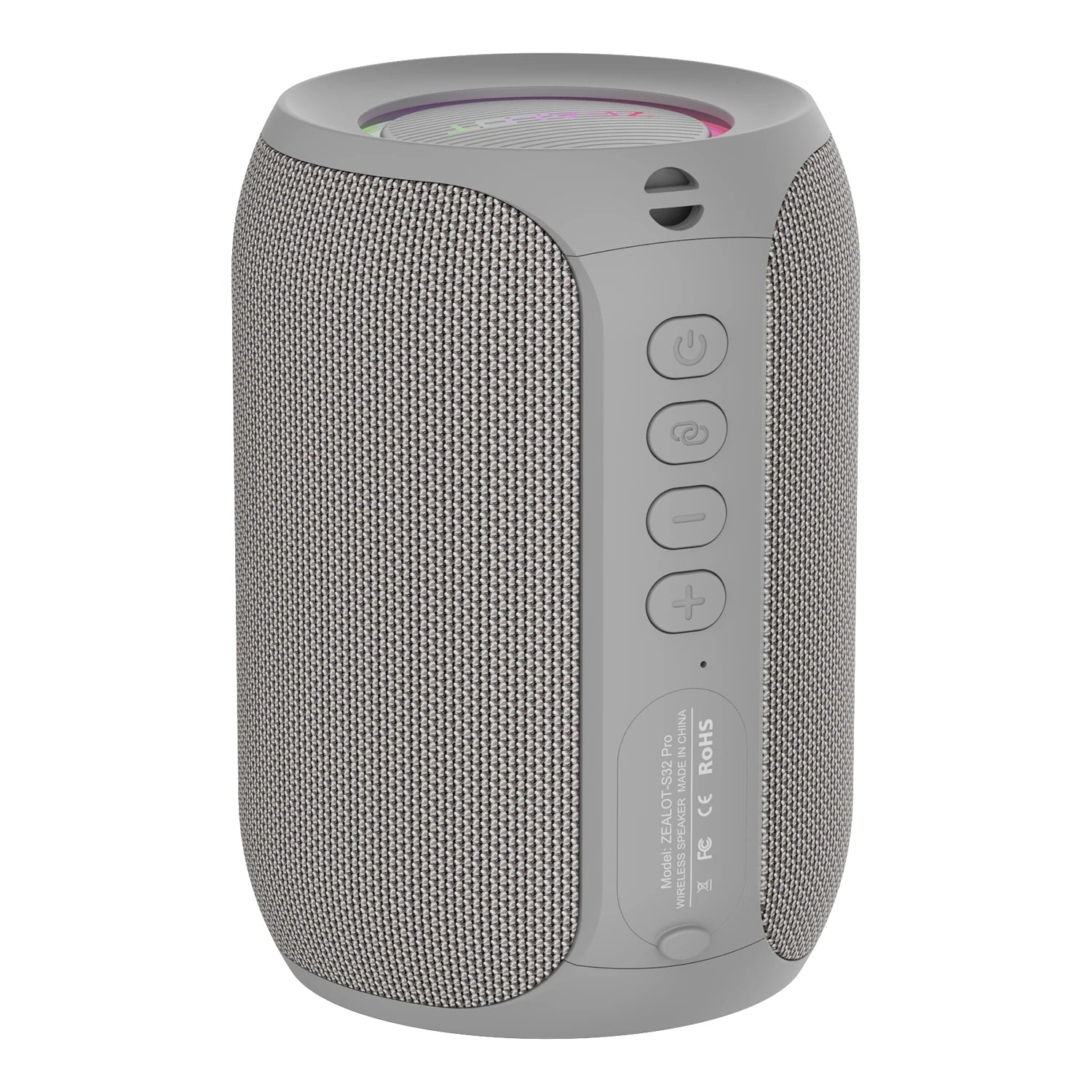 Grey portable Bluetooth speaker with side controls and textured speaker grille
