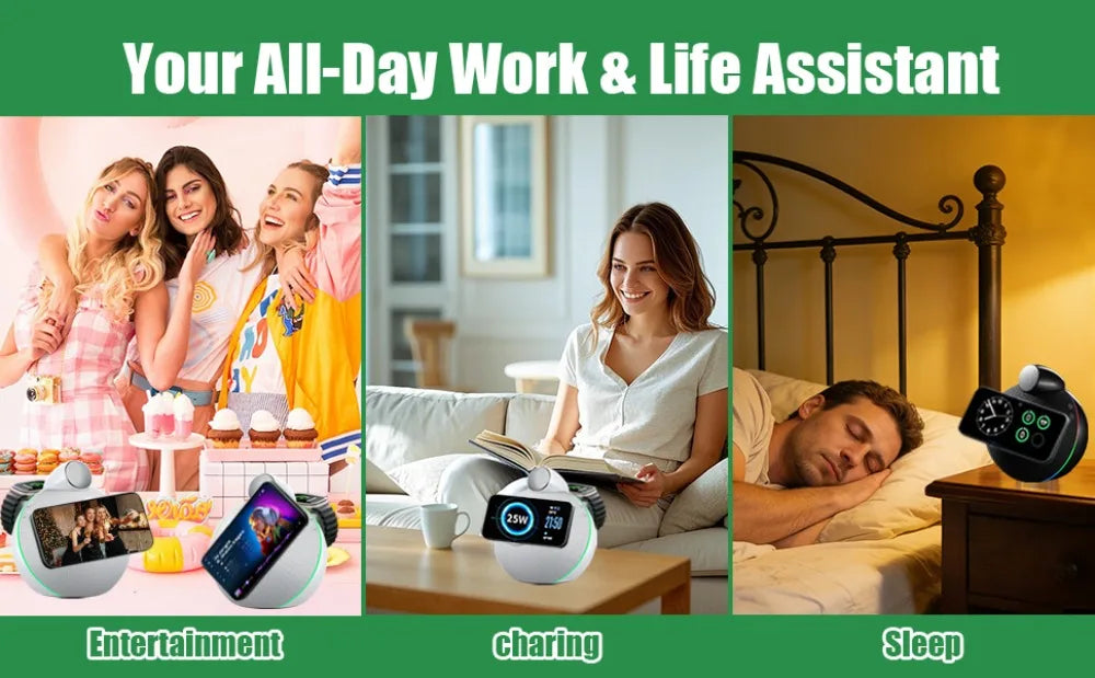 Bluetooth 5.3 Hi-Fi Speakers & Soft Ambient Lights 4-in-1 Qi2.2 25W Magnetic Wireless Charger for iPhone Apple Watch Airpods Pro