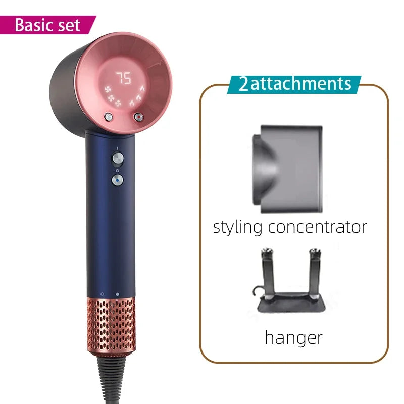 Blue and pink high-speed professional hair dryer with LED display, styling concentrator, and wall hanger.