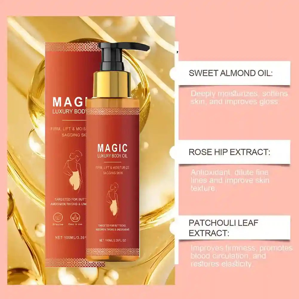 Red and gold pump bottle of Magic Luxury Body Oil with ingredient benefits listed on a peach background.